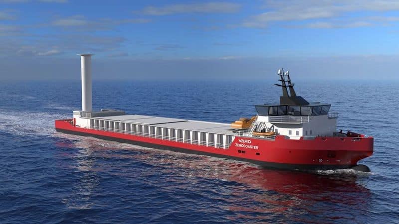 Vard Zerocoaster. Konsept for et bulkskip uten utslipp og med Flettner-rotor som utnytter vind til framdrift og elektrisk selvlossemaskin på traversplattform.